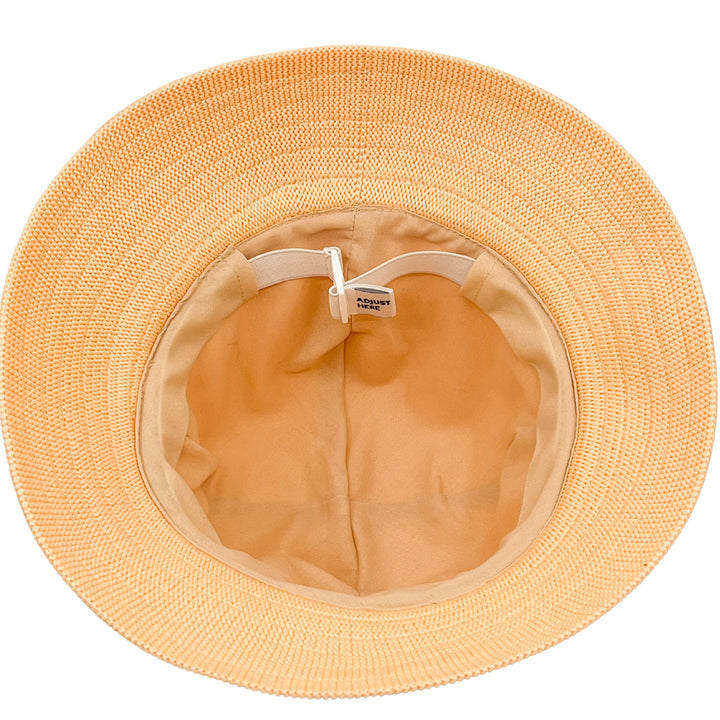Tamzin Bucket Hat in Apricot colour, underside of brim showing interior finish, stitching detail, and built-in size adjuster