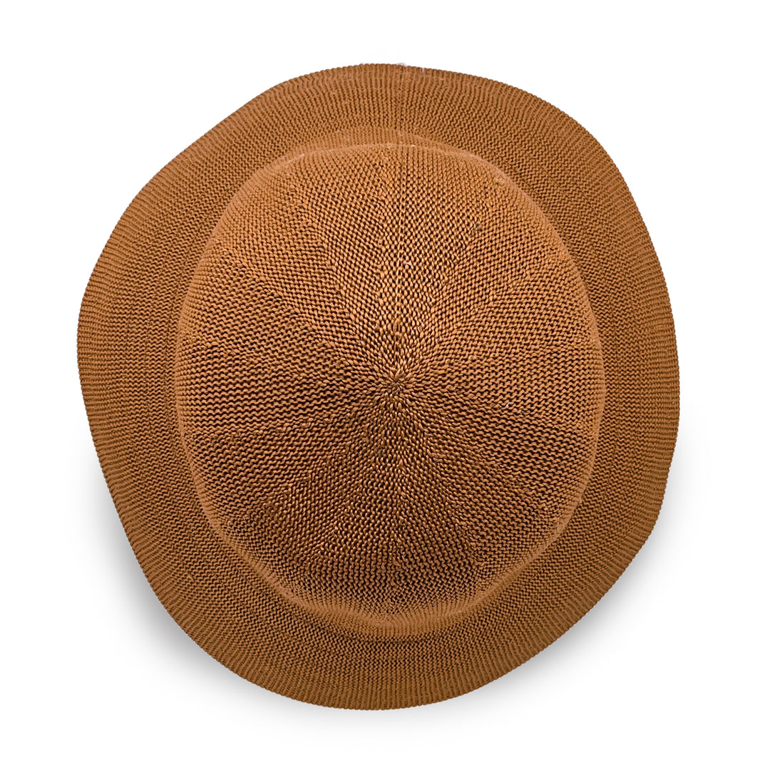 Tamzin Bucket Hat in biscuit colour, top view displaying crown shape and fabric texture