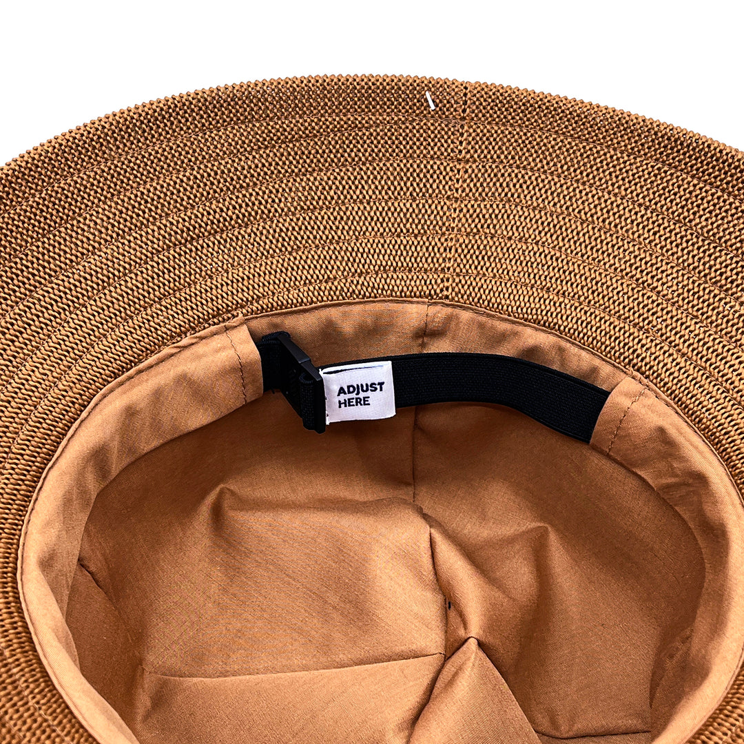 Tamzin Bucket Hat in biscuit colour, underside of brim showing stitching and size adjustment