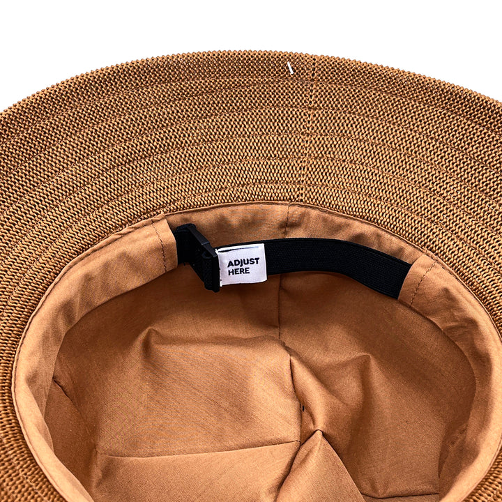 Tamzin Bucket Hat in biscuit colour, underside of brim showing stitching and size adjustment