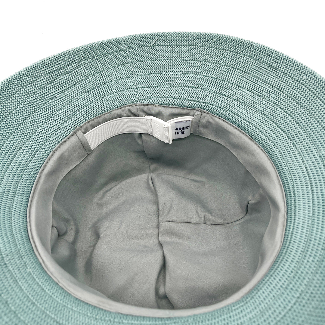 Tamzin Bucket Hat in blue haze colour, underside of brim showing stitching detail, interior finish, and built-in size adjuster