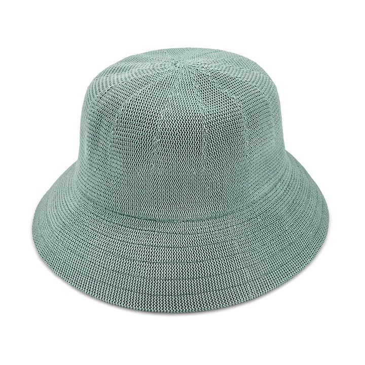 Tamzin Bucket Hat in blue haze colour, angled product view showing soft crown and wide brim