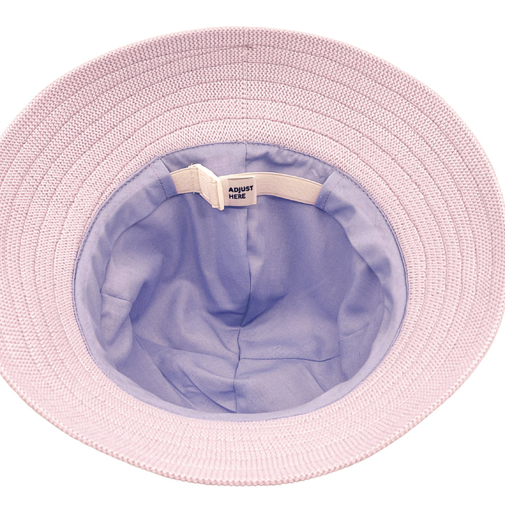 Tamzin Bucket Hat in Lilac colour, underside of brim showing interior finish, stitching detail, and built-in size adjuster