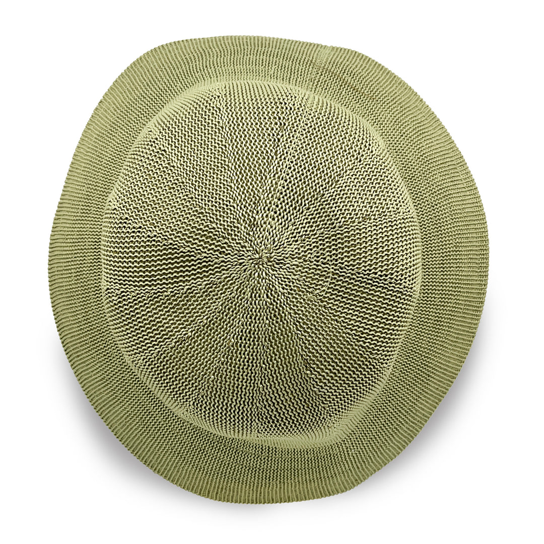 Tamzin Bucket Hat in light moss green colour, top view displaying crown shape and fabric texture