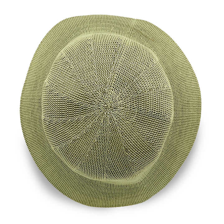 Tamzin Bucket Hat in light moss green colour, top view displaying crown shape and fabric texture