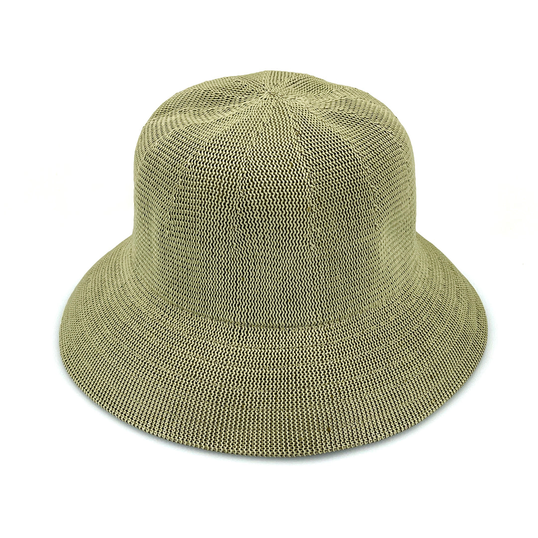 Tamzin Bucket Hat in light moss green colour, angled product view showing soft crown and wide brim