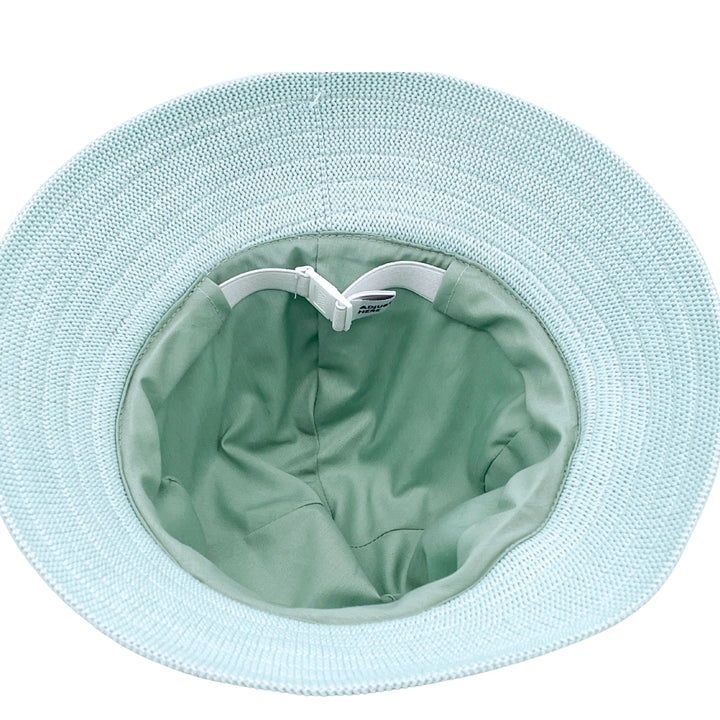 Tamzin Bucket Hat in Mint Blue colour, underside of brim showing interior finish, stitching detail, and built-in size adjuster