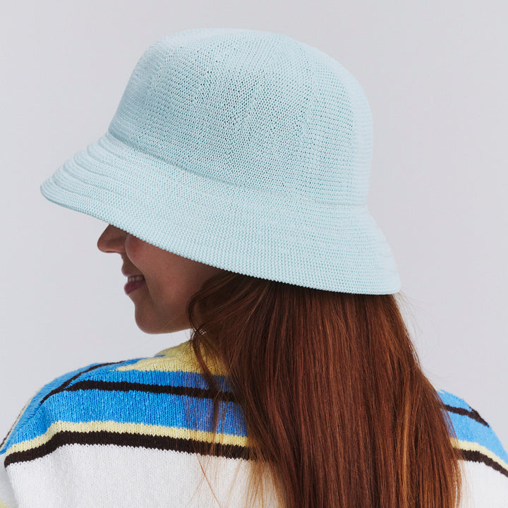Female model wearing Tamzin Bucket Hat in Mint Blue colour, back view showing crown shape