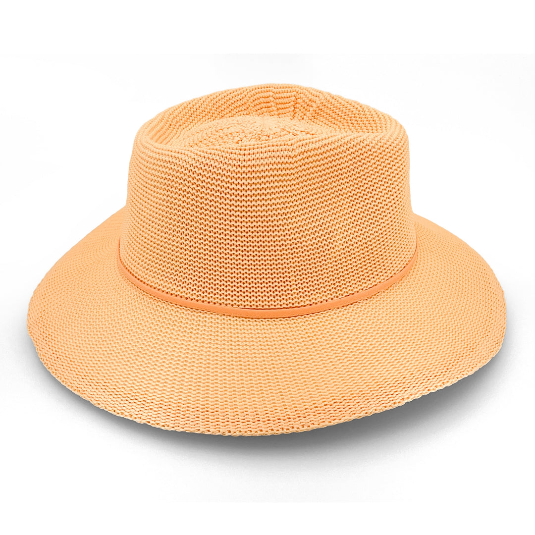 Jacqui Mannish Hat in Apricot colour, side profile showing wide brim and silhouette