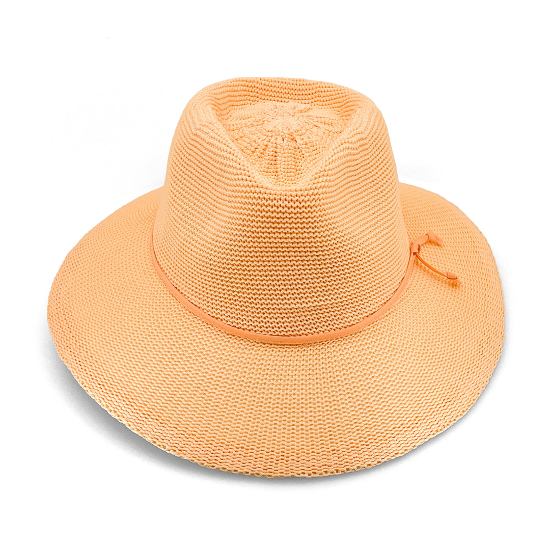 Jacqui Mannish Hat in Apricot colour, front view highlighting crown shape and brim