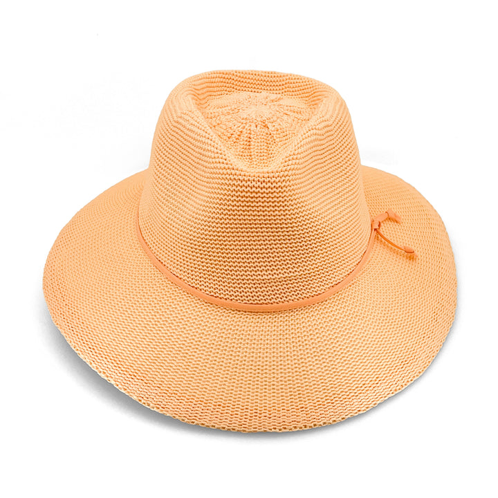 Jacqui Mannish Hat in Apricot colour, front view highlighting crown shape and brim