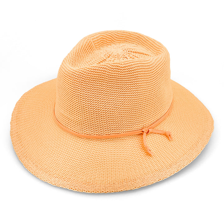 Jacqui Mannish Hat in Apricot colour, angled product view showing structured crown and wide brim