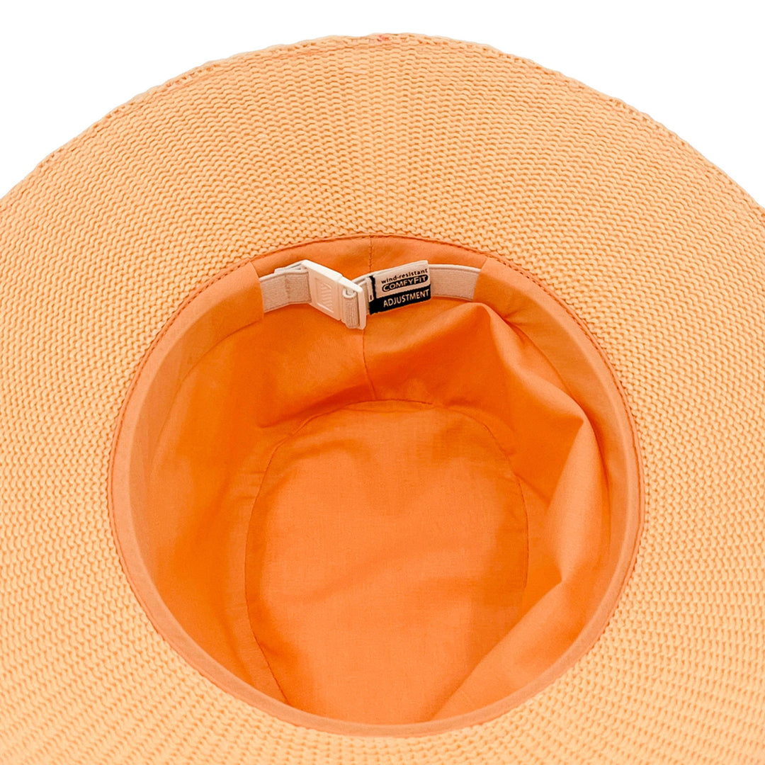 Jacqui Mannish Hat in Apricot colour, underside of brim showing interior finish, stitching detail, and built-in size adjuster
