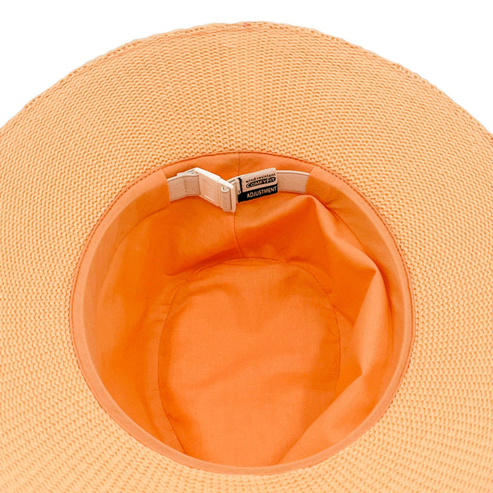 Jacqui Mannish Hat in Apricot colour, underside of brim showing interior finish, stitching detail, and built-in size adjuster