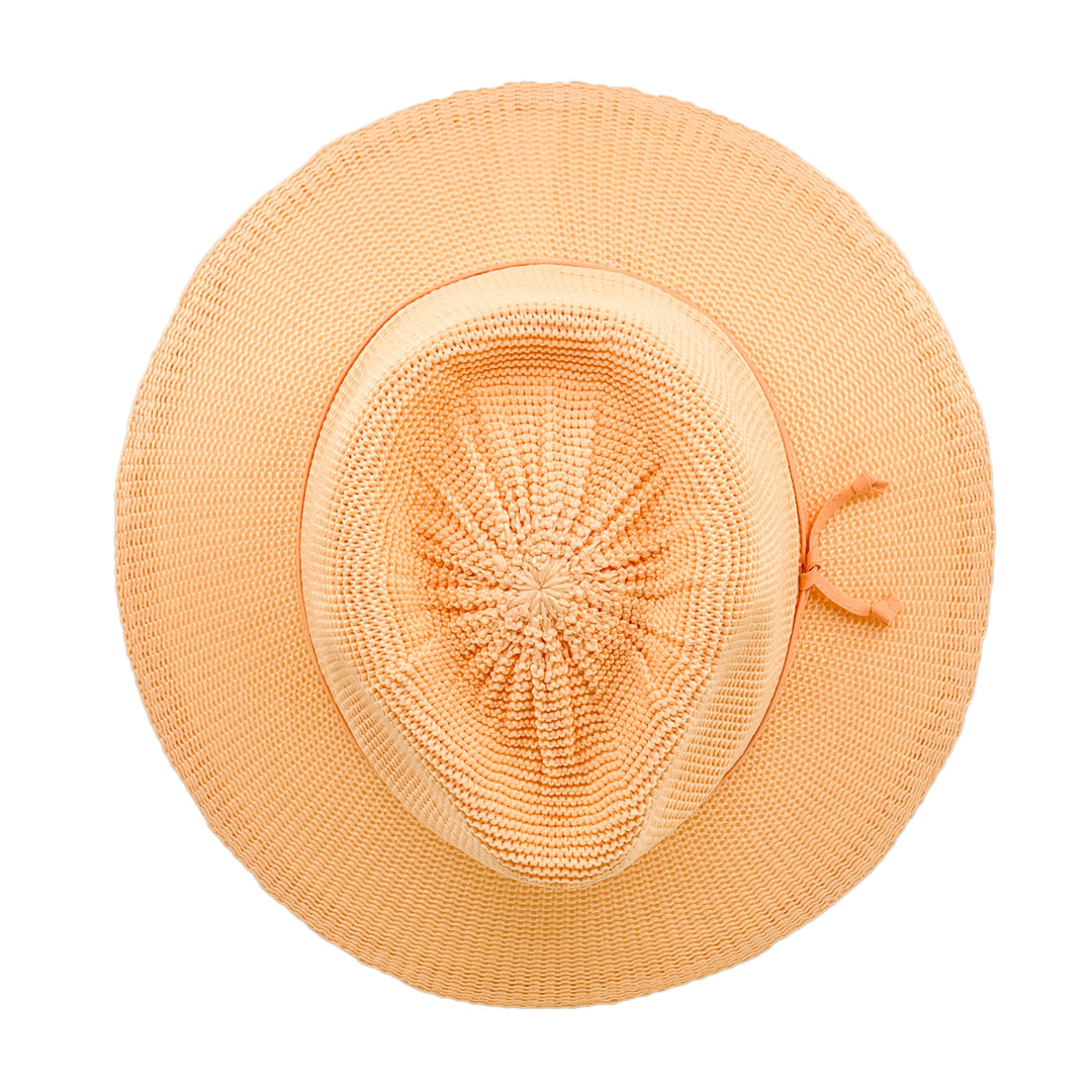 Jacqui Mannish Hat in Apricot colour, top view displaying crown structure and texture