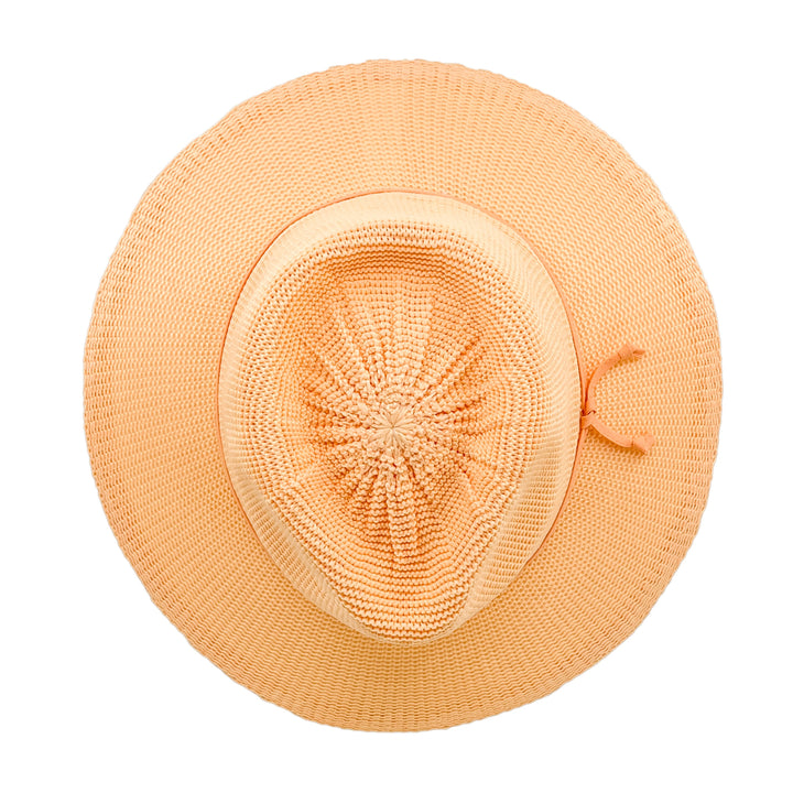 Jacqui Mannish Hat in Apricot colour, top view displaying crown structure and texture