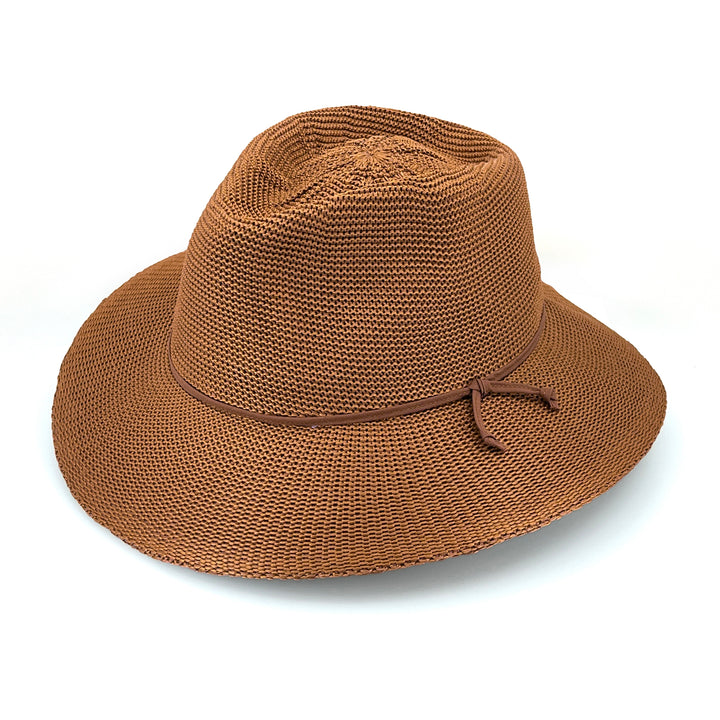 Jacqui Mannish Hat in biscuit colour, angled product view showing structured crown and wide brim
