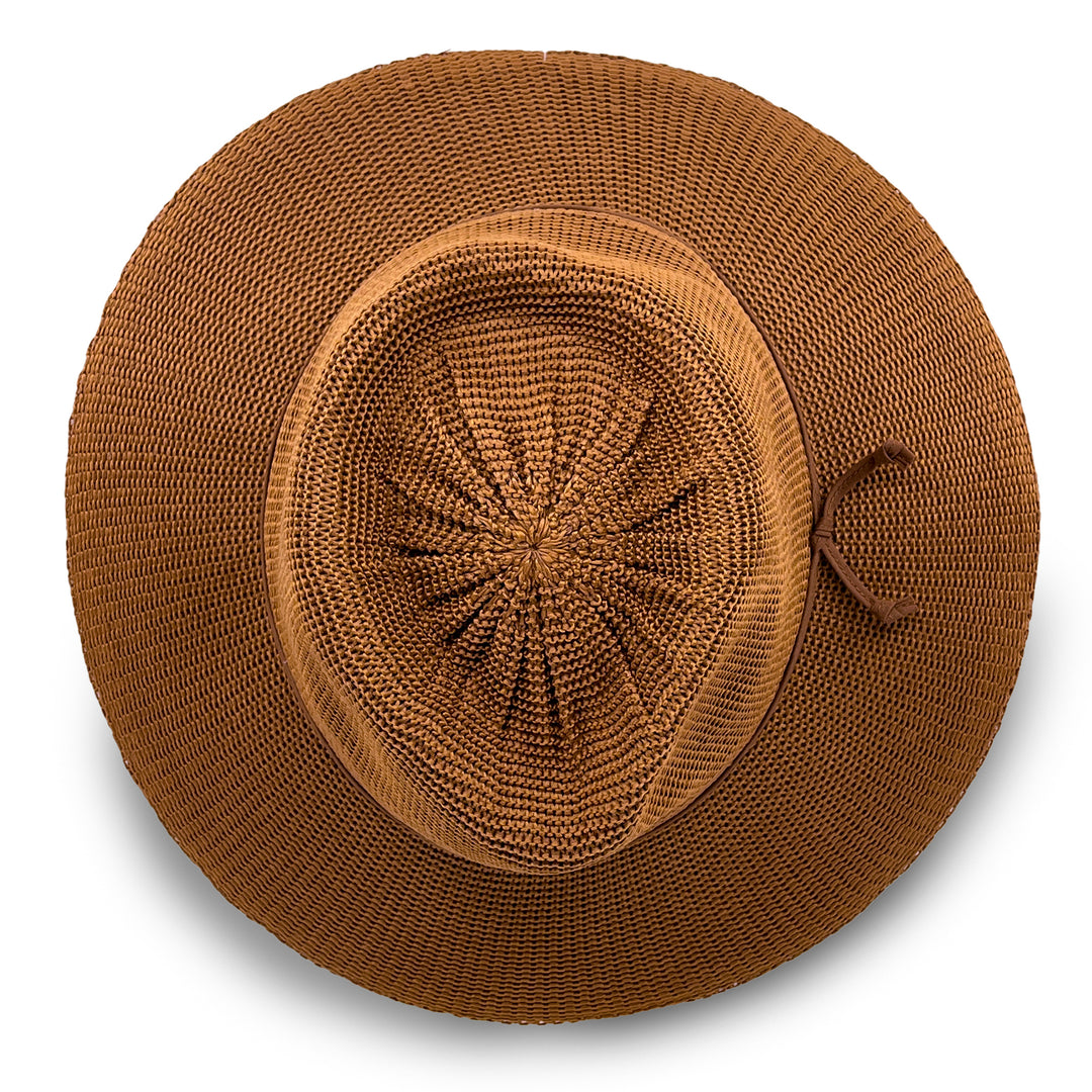 Jacqui Mannish Hat in biscuit colour, top view displaying crown structure and smooth texture
