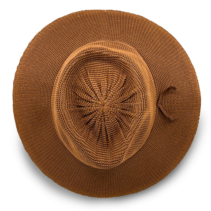Jacqui Mannish Hat in biscuit colour, top view displaying crown structure and smooth texture