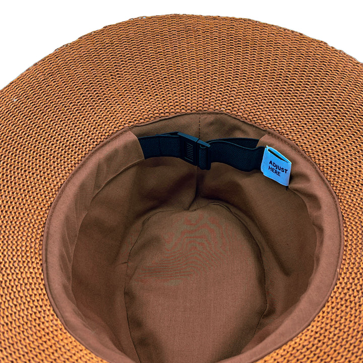 Jacqui Mannish Hat in biscuit colour, underside of brim showing interior finish and size adjuster
