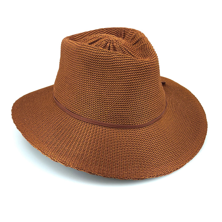 Jacqui Mannish Hat in biscuit colour, angled product view showing structured crown and short brim