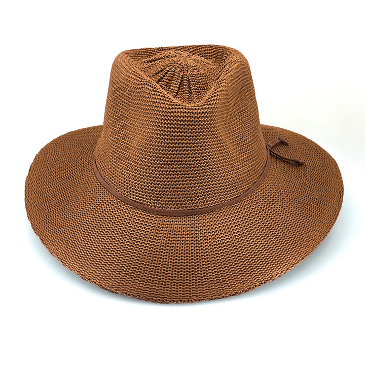 Jacqui Mannish Hat in biscuit colour, front view highlighting defined crown and wide brim