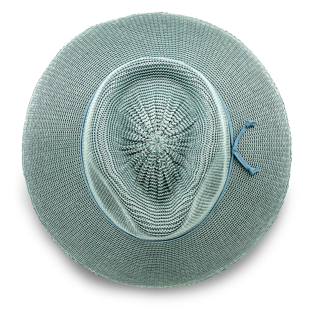 Jacqui Mannish Hat in blue haze colour, top view displaying crown structure and smooth texture