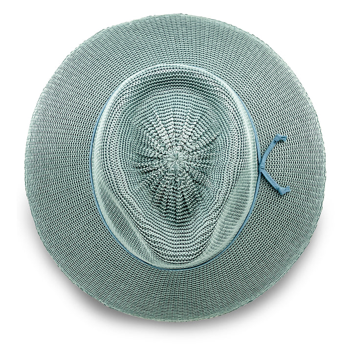 Jacqui Mannish Hat in blue haze colour, top view displaying crown structure and smooth texture