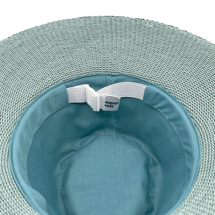 Jacqui Mannish Hat in blue haze colour, underside of brim showing interior finish, stitching detail, and built-in size adjuster