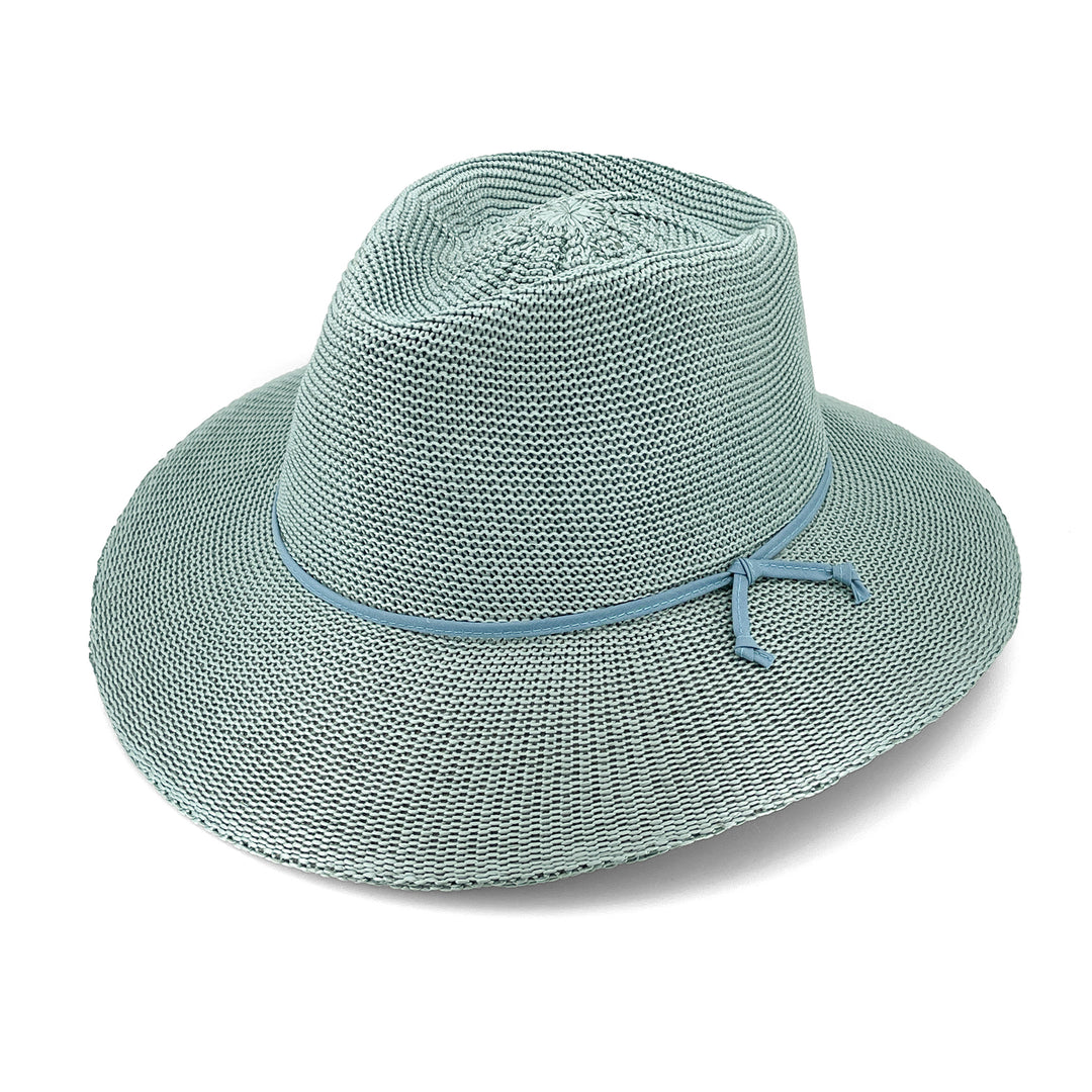 Jacqui Mannish Hat in blue haze colour, angled product view showing structured crown and wide brim