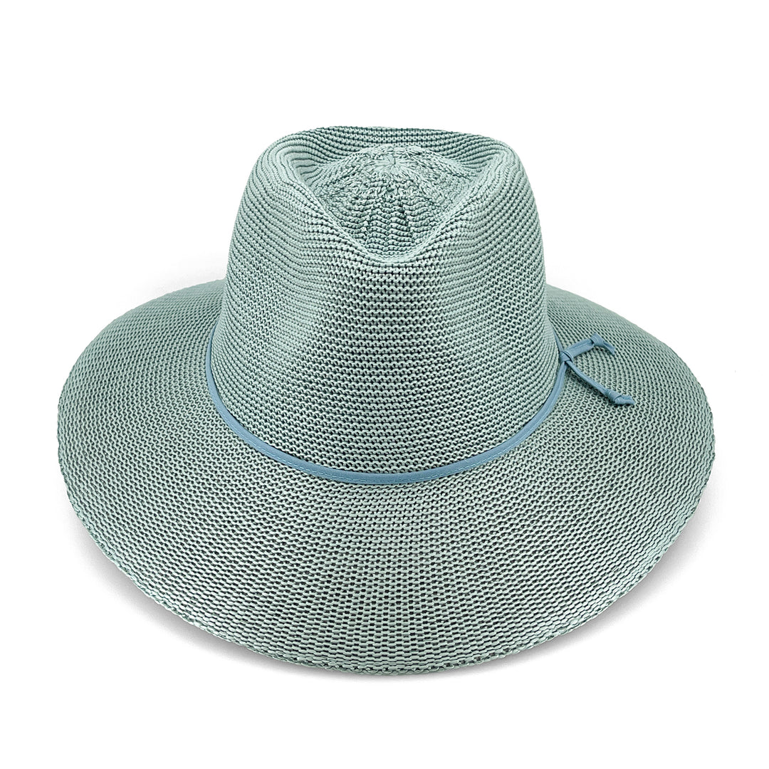 Jacqui Mannish Hat in blue haze colour, front view highlighting defined crown and sun-protective wide brim