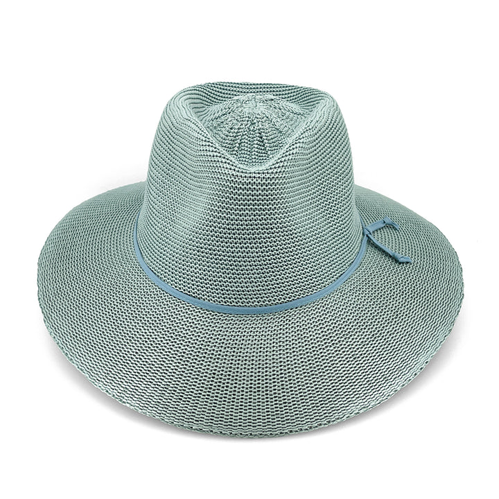 Jacqui Mannish Hat in blue haze colour, front view highlighting defined crown and sun-protective wide brim