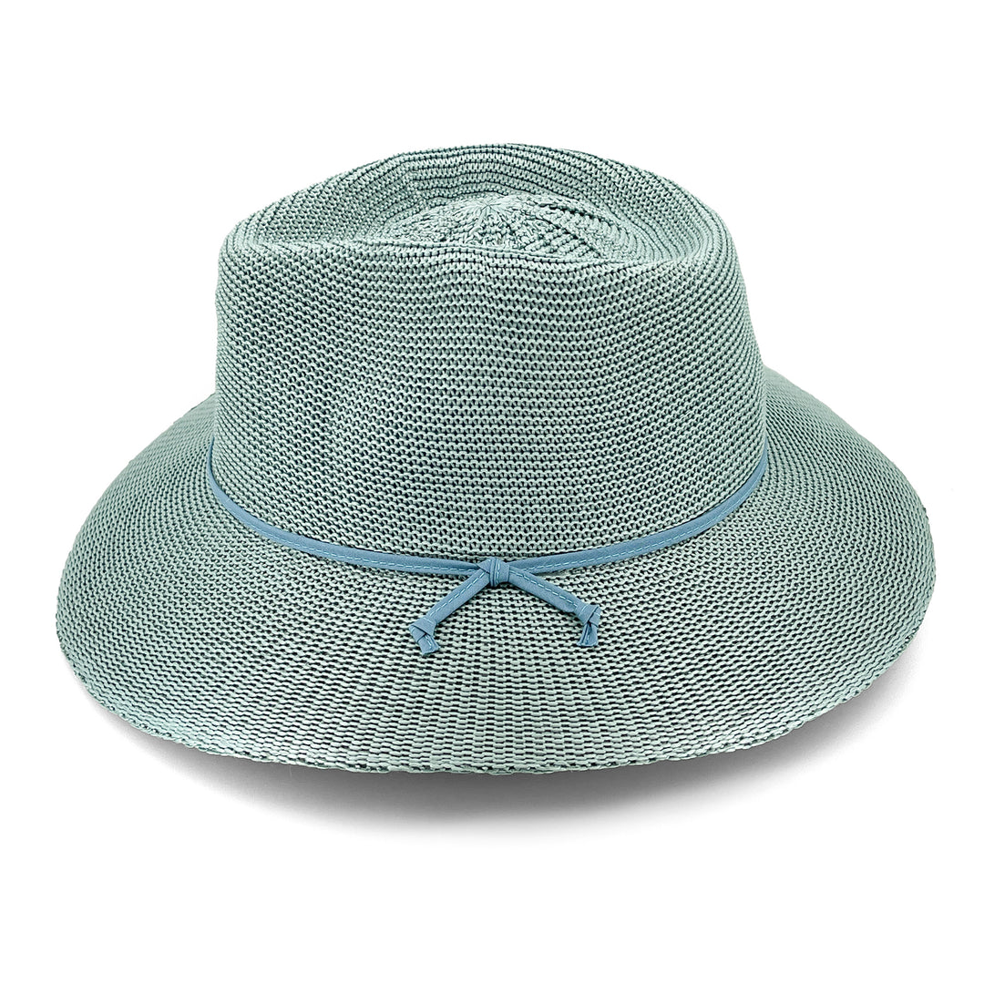 Jacqui Mannish Hat in blue haze colour, side profile showing wide brim and tailored silhouette