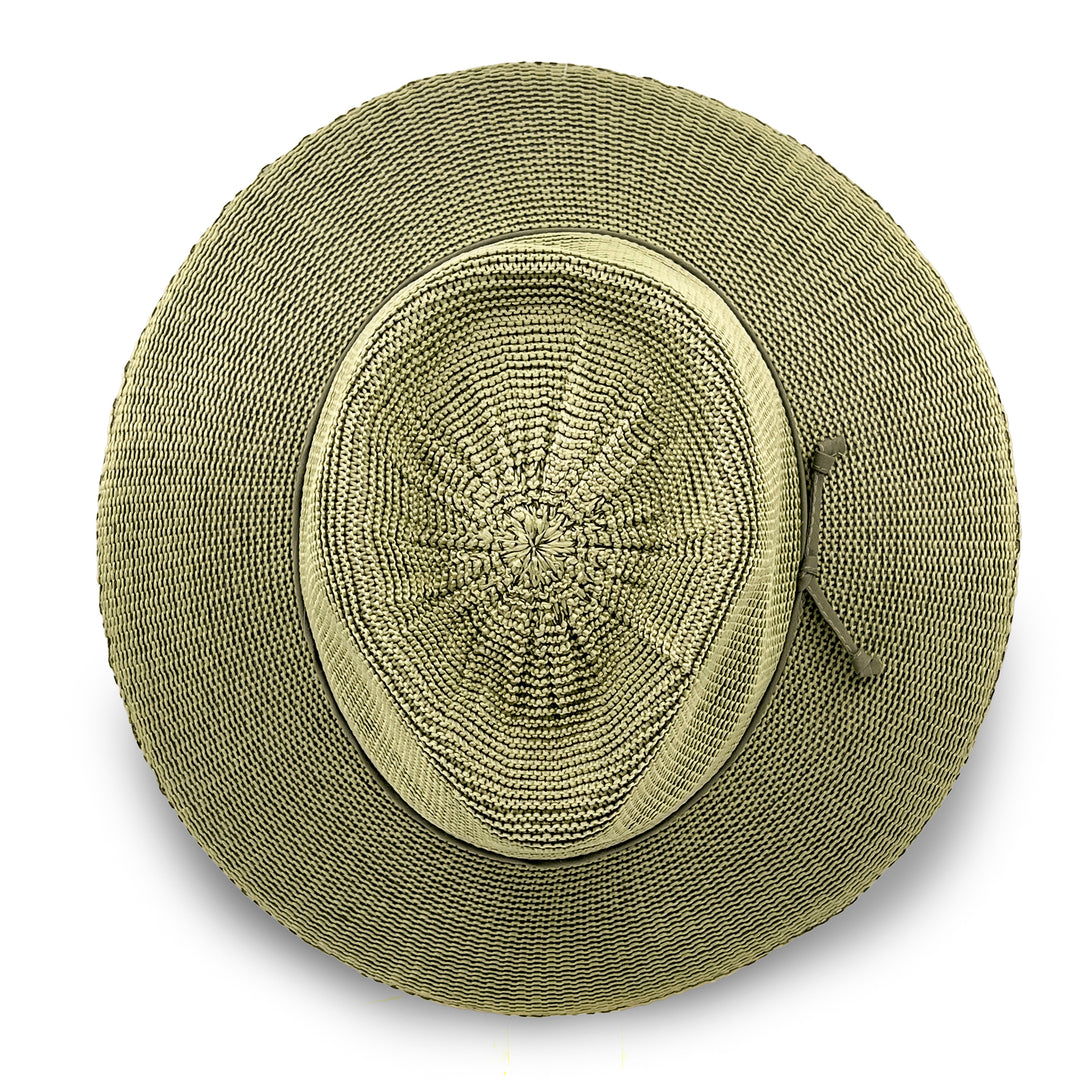 Jacqui Mannish Hat in light moss green colour, top view displaying crown structure and smooth texture