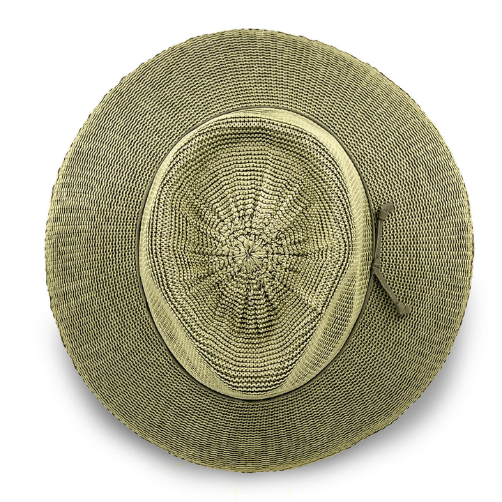 Jacqui Mannish Hat in light moss green colour, top view displaying crown structure and smooth texture
