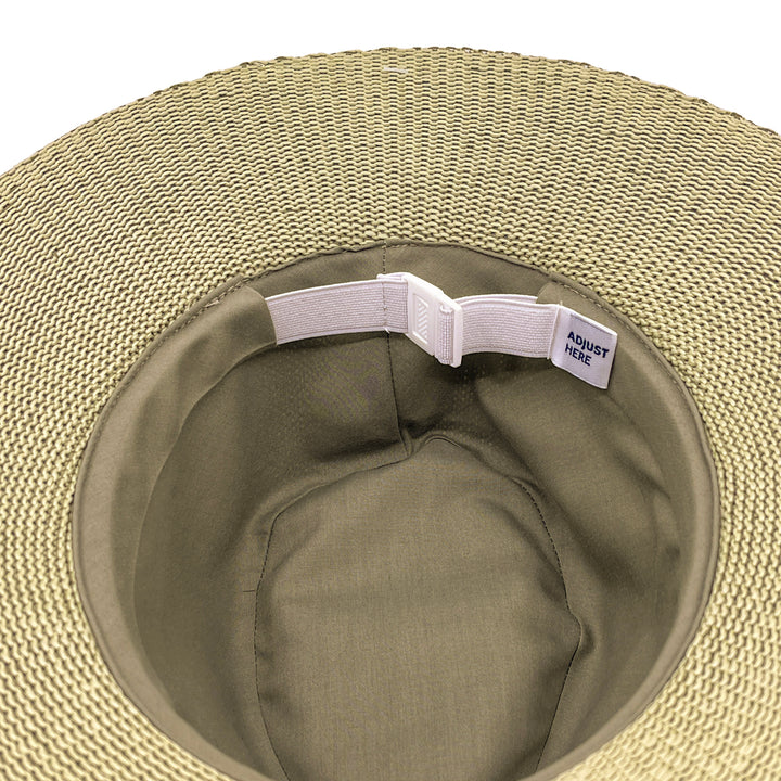 Jacqui Mannish Hat in light moss green colour, underside of brim showing interior finish and size adjuster