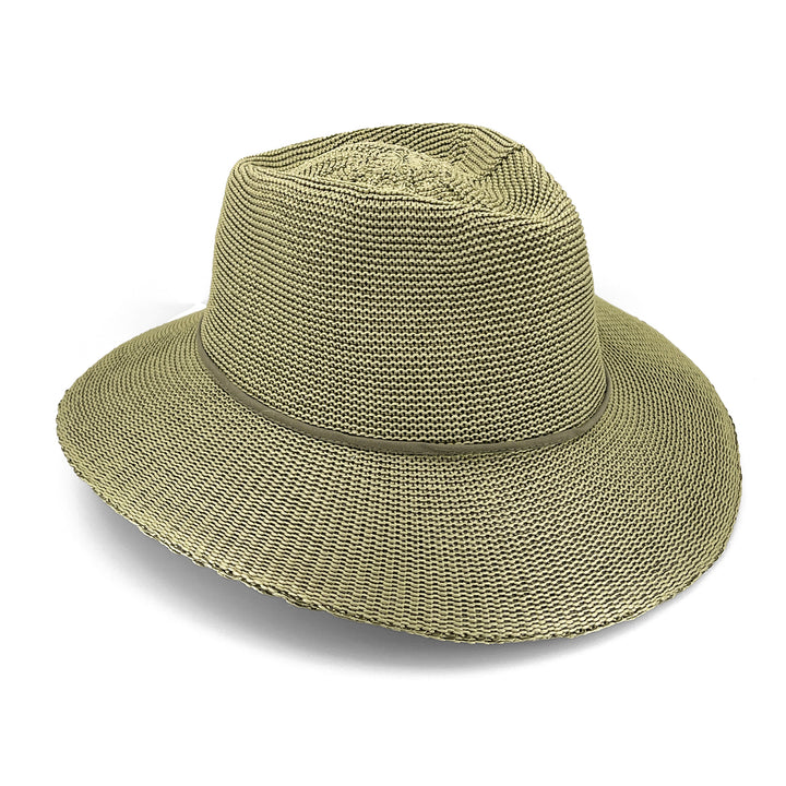 Jacqui Mannish Hat in light moss green colour, angled product view showing structured crown and short brim