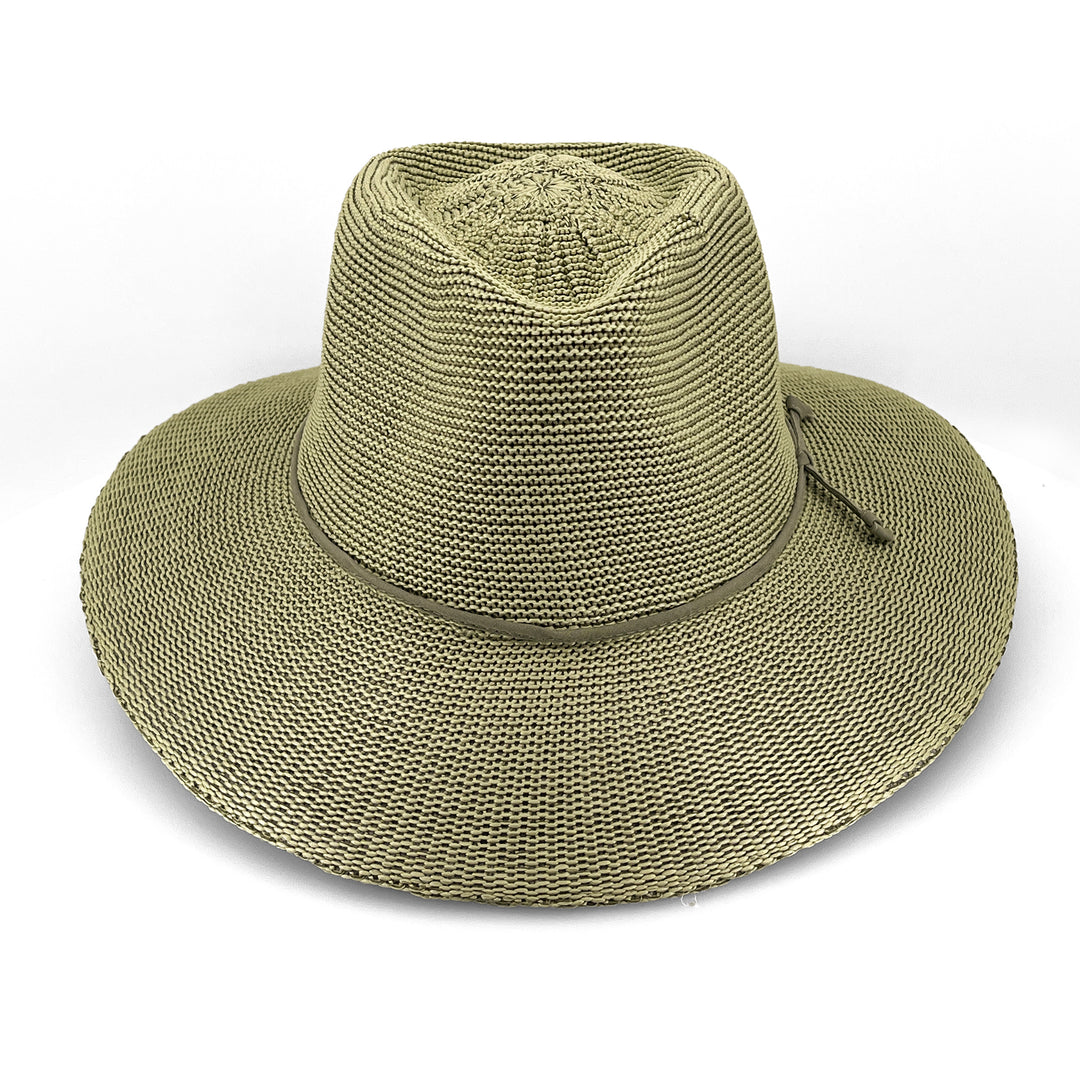 Jacqui Mannish Hat in light moss green colour, front view highlighting defined crown and wide brim