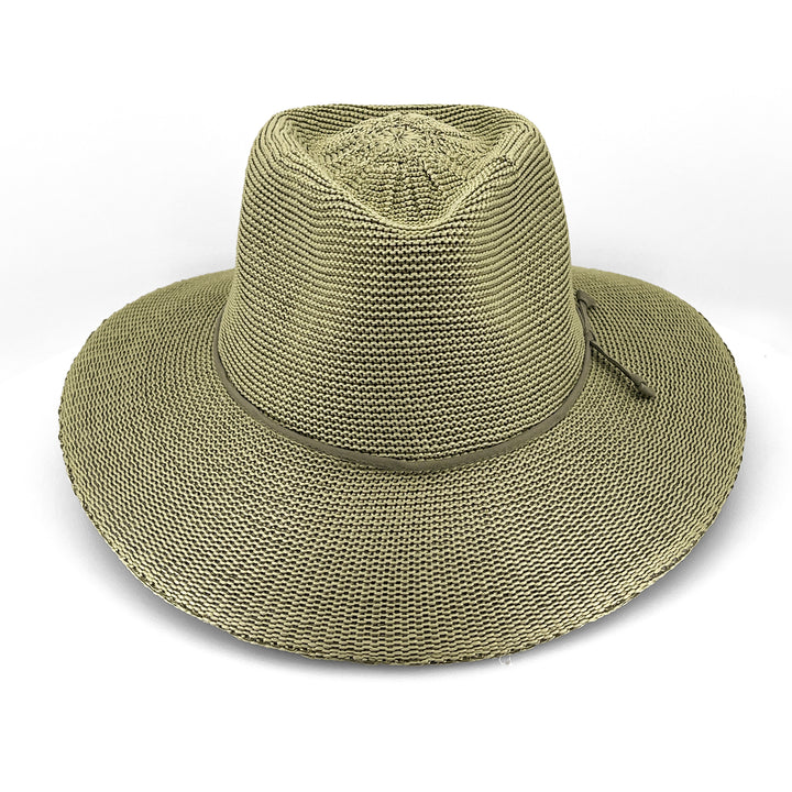 Jacqui Mannish Hat in light moss green colour, front view highlighting defined crown and wide brim