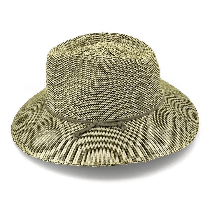 Jacqui Mannish Hat in light moss green colour, side view displaying crown structure and wide brim