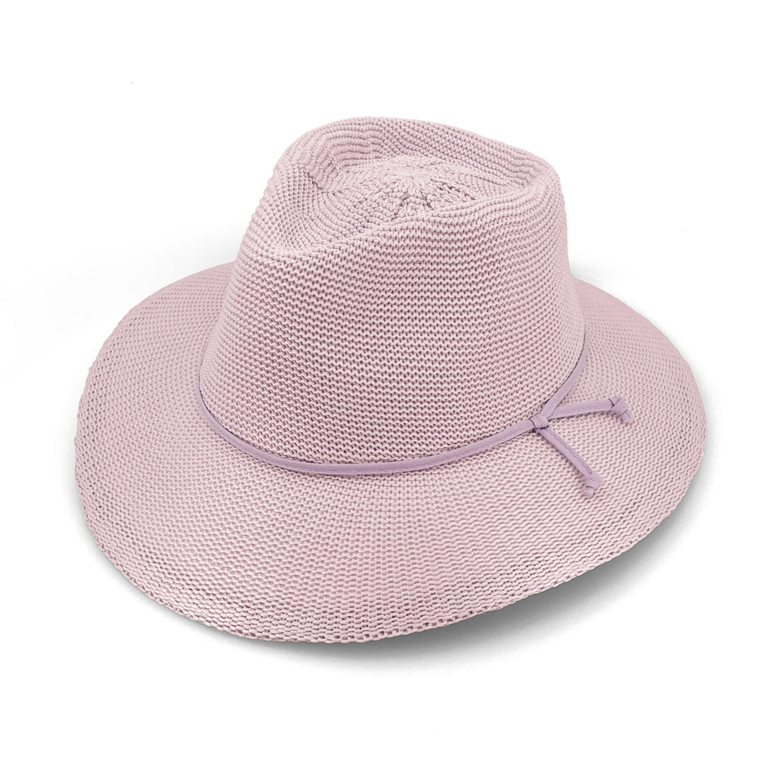 Jacqui Mannish Hat in Lilac colour, angled product view showing structured crown and wide brim