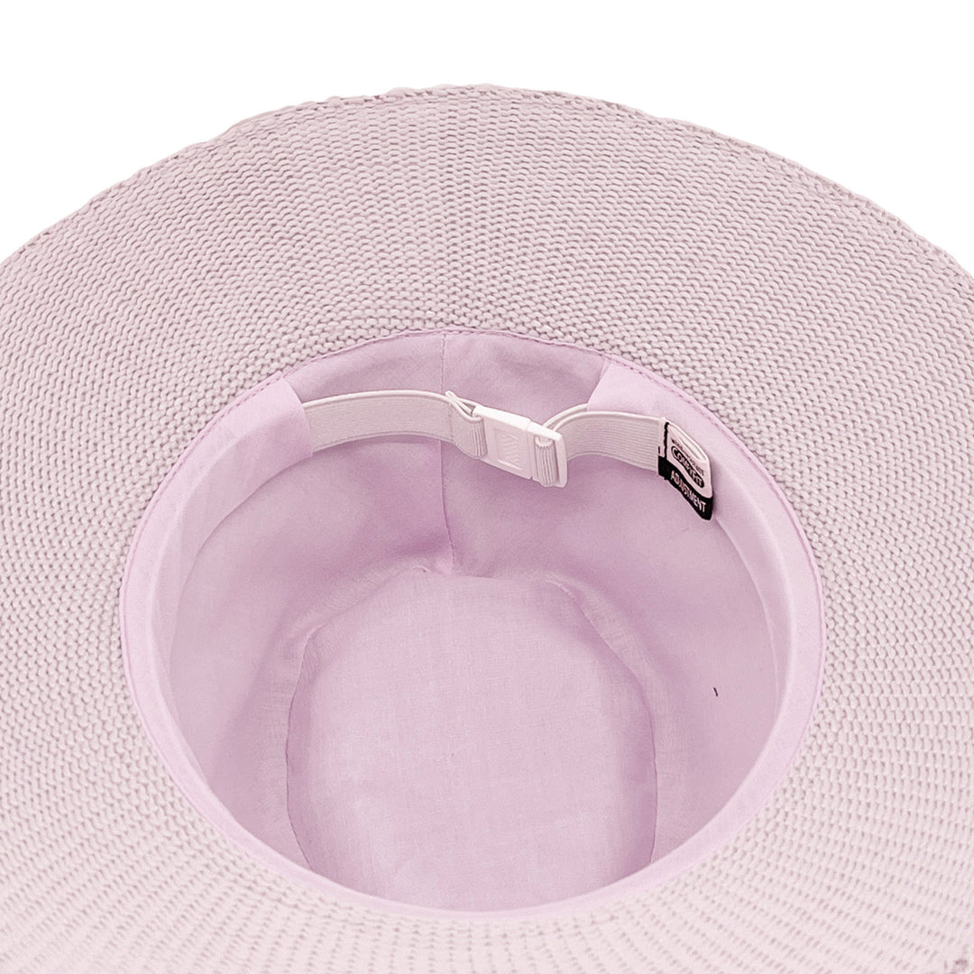 Jacqui Mannish Hat in Lilac colour, underside of brim showing interior finish, stitching detail, and built-in size adjuster