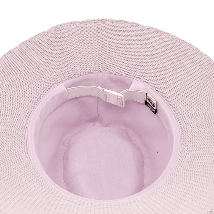 Jacqui Mannish Hat in Lilac colour, underside of brim showing interior finish, stitching detail, and built-in size adjuster