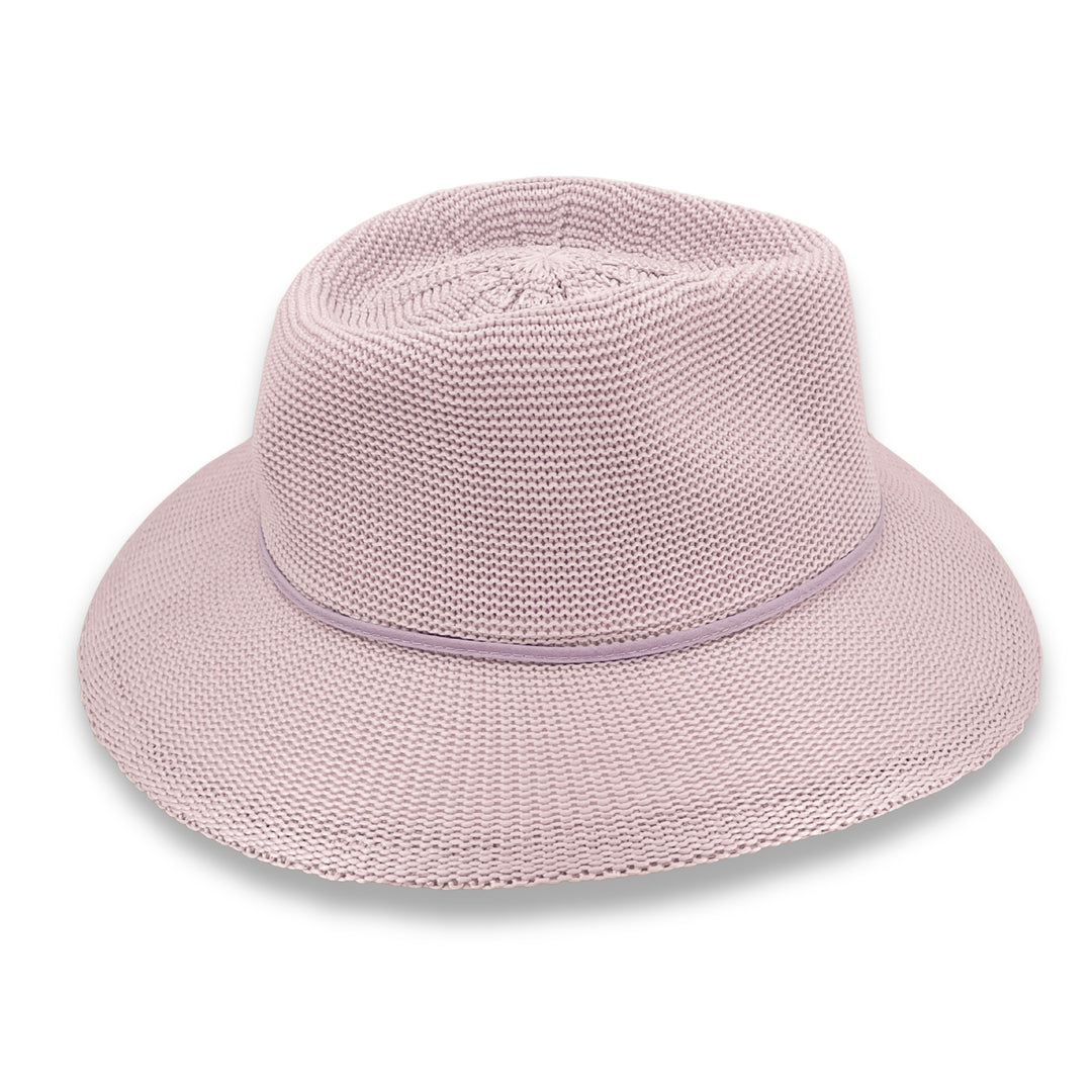 Jacqui Mannish Hat in Lilac colour, side profile showing wide brim and silhouette