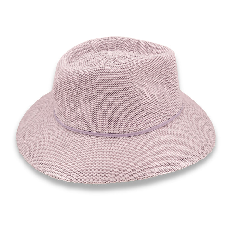 Jacqui Mannish Hat in Lilac colour, side profile showing wide brim and silhouette