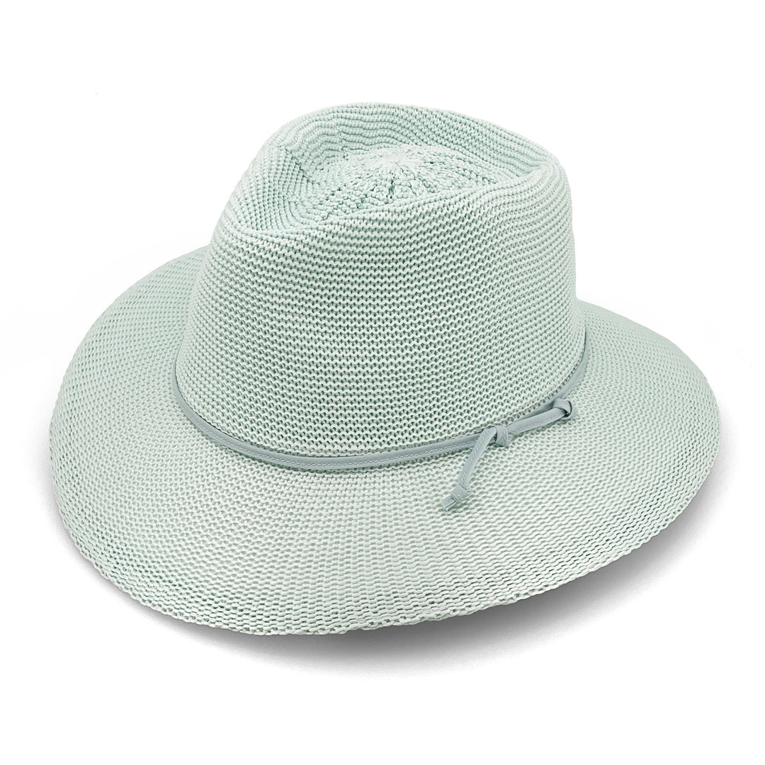 Jacqui Mannish Hat in mint blue colour, angled product view showing structured crown and wide brim