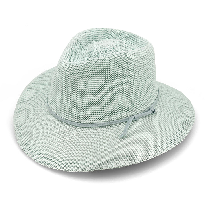 Jacqui Mannish Hat in mint blue colour, angled product view showing structured crown and wide brim