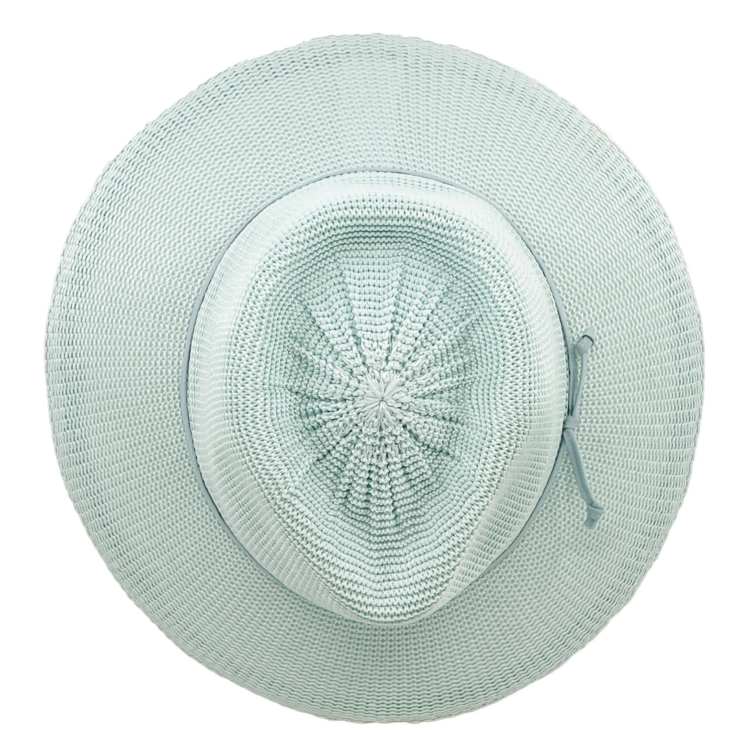 Jacqui Mannish Hat in mint blue colour, top view displaying crown structure and smooth texture