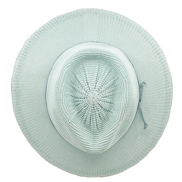 Jacqui Mannish Hat in mint blue colour, top view displaying crown structure and smooth texture