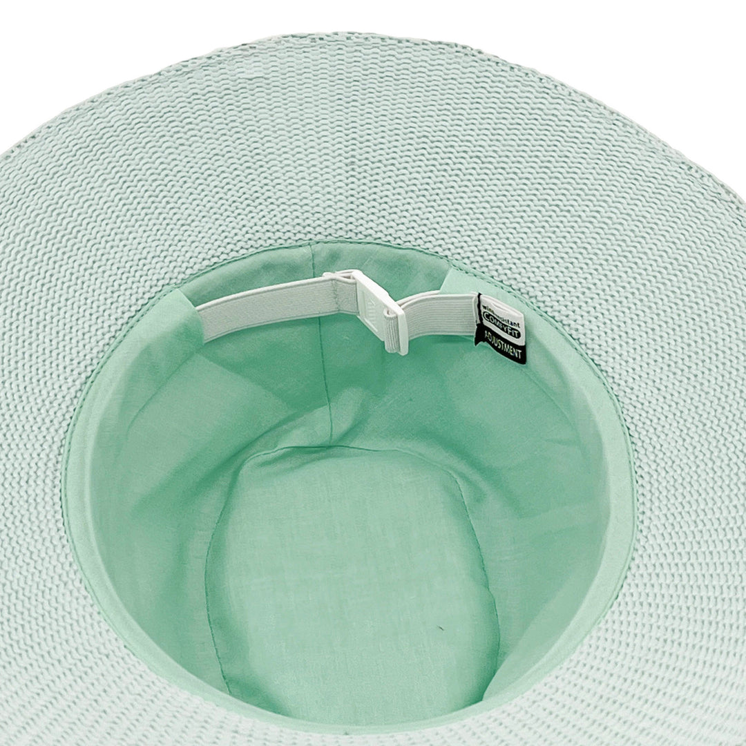 Jacqui Mannish Hat in mint blue colour, underside of brim showing interior finish, stitching detail, and built-in size adjuster
